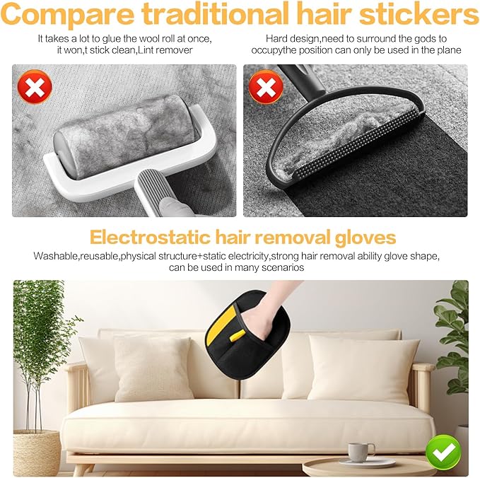 Rhino Ben Pet Hair Remover, Reusable Electrostatic Pet Hair Remover,Double Sided Pets Grooming Gloves,for Cat,Dog,Clothing,Couch,Furniture,Carpet,Car Seat