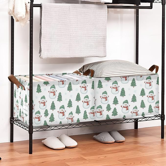 Cartoon Snowmen and Pine Tree Storage Basket Foldable Cube Storage Bins with Handles&Label Waterproof Collapsible Organizer Box Bin Large Rectangle Decorative Baskets for Shelves Home Room Laundry
