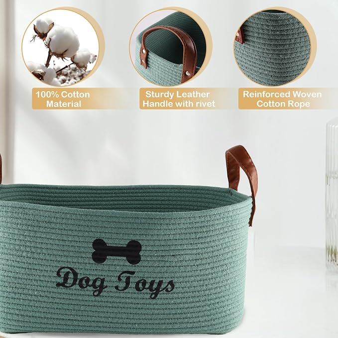 Large Dog Toy Basket, 100% Cotton Rope Dog Toy Storage Bin-Green | Dog Toy Box for Livingroom Area with Handle for organizing Pet toys,Blankets,Leashes,Pee Mats and Diapers-16.5"x10.6"x 7.5"