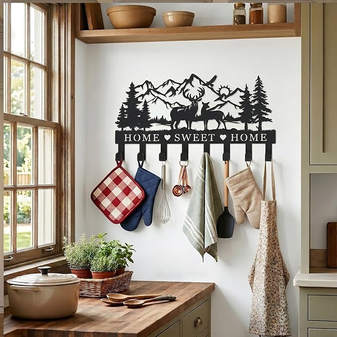 Deer Metal Key Holder for Wall, 14.5" X 9.2", Key Hooks for Wall Organizer, Key Rack, Forest Theme Coat Hat Towel Hooks, Ideal for Living Roo