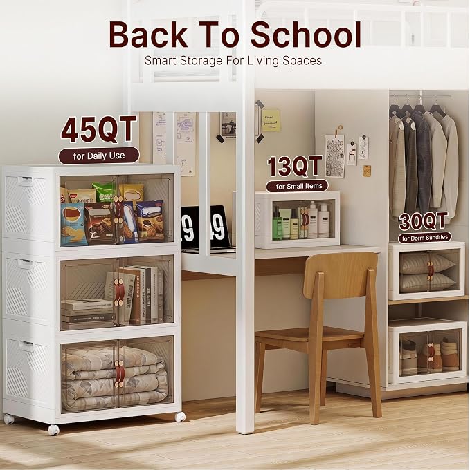 Stackable Storage Bins with Lids, 240QT Lockable Storage Cabinet | Closet Organizers, Foldable Storage Box with Doors and Wheels, Plastic Drawers for Home, Garage, Office (5, White, Medium)
