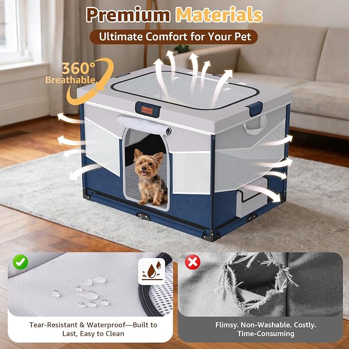LOOBANI Foldable Dog Playpen with Washable Pee Pad, 32"x24"x22", Blue | Portable Pet Playpen for Small Dogs Cats Indoor Use, Sturdy Dog Crate with Premium Frame and 690D Oxford Waterproof Cover