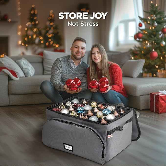 HOLDN’ STORAGE Premium Christmas Ornament Storage Box – Holds up to 72 4” Ornaments, Durable 600D Fabric, Adjustable Dividers, 3 Removable Trays – Metal Frame – Gray