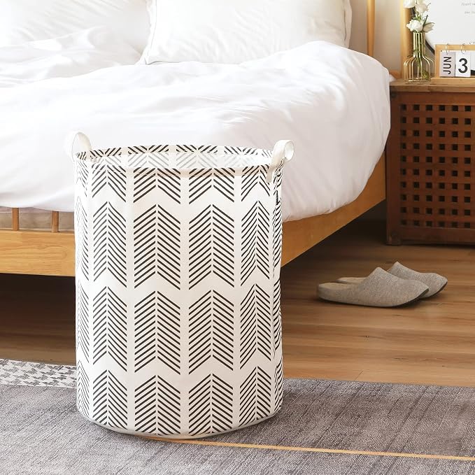 Sea Team Large Canvas Laundry Basket with Handles, Black Fishbones | Collapsible Fabric Laundry Hamper, Closet Shelf Organizers, Containers for Clothing, Blankets, Toys, Bedding, 19.7 x 15.7”