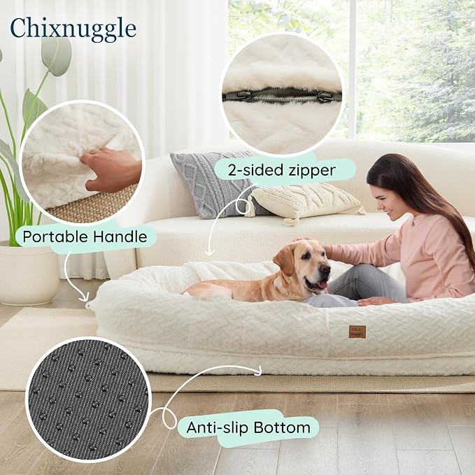 ChiXnuggle Orthopedic Human Dog Bed,with Faux Fur Washable Cover,Blanket | white,72*40*10,giant dog bed for adult or extra large dogs,egg crate foam,non-slip bottom