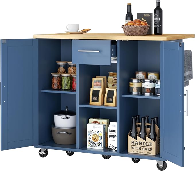 JY QAQA 42" Kitchen Island with Storage on Wheels, Rolling Table with Drop Leaf, Drawers, Cart Handle for Towel Rack or Free Movement, Blue