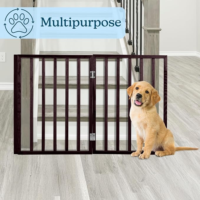 3-Panel Indoor Foldable Dog Fence for Stairs, Hallways, or Doorways - 54x24-Inch Wood Freestanding Dog Gates by PETMAKER (Brown) | Foldable Dog Fence with Accordion Design, Wooden Safety Pet Fence for Stairs, Hallways, Doorways, and Porch
