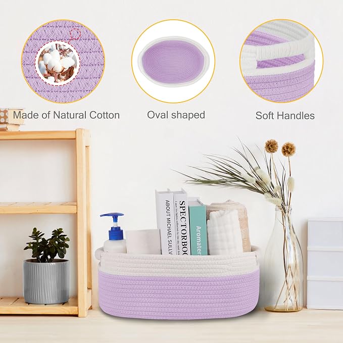 Small Woven Gift Basket with Bag & Ribbons, Purple | Cotton Rope, 13”x 9”x 5.5”, Fits for Kids, Women & Men, Bedroom, Living Room, Nursery & Bathroom Storage, Cat & Dog Toy Boxes