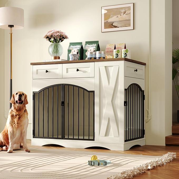 43.3" Farmhouse Dog Crate, Furniture Style Dog Cage with 3 Drawers, Removable Feeder and 2 Bowls, Wooden Heavy Duty Dogs Crates End Table for Medium Large Dogs, Beige+Brown