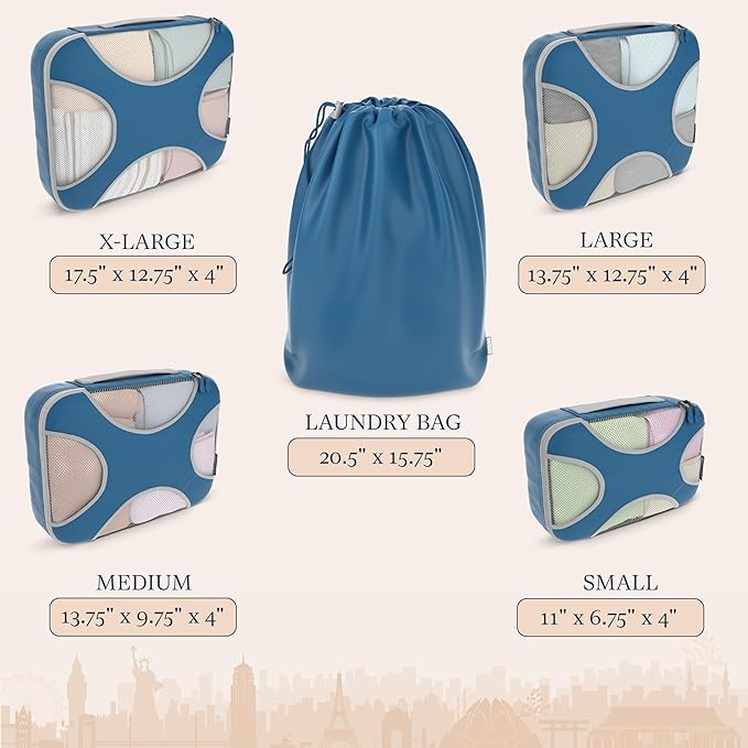 Shacke 5 Set Packing Cubes for Travel with Laundry Bag (Navy Blue) | Suitcase Organizer Bags Set: 4 Water-Resistant Luggage Cubes, XL to Small, + Laundry Bag for Carry-On or Checked