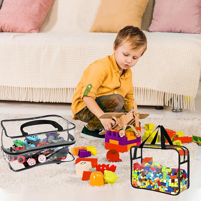 6 Large Toy Storage Bags with Labels Reusable Clear Toy Organizer 3L & 3XL | PVC Waterproof Transparent Organizer Bags with Zipper for Building Blocks, Puzzle, Board Games Travel Storage, Save space