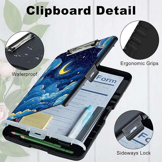 Moon Blue Clouds A4 Clipboard with Storage Pen Holder, Clipboards Organizer Nursing Clipboard Foldable File Folder Plastic Clipboard Folio Clip Board for Office Students Classroom Doctor
