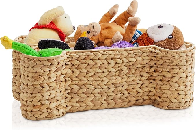 Casafield Dog Bone Shaped Storage Basket - Natural, Large Woven Water Hyacinth Pet Toy Organizer Bin