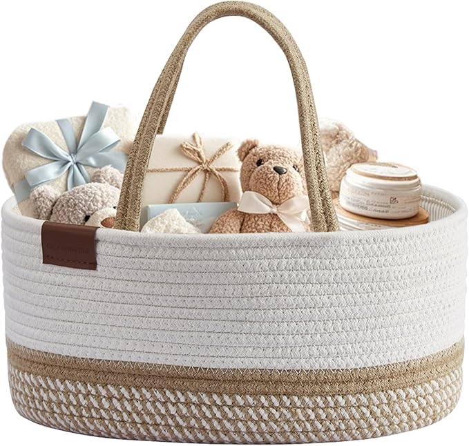 DECOMOMO Baby Caddy Organizer, Large Diaper Caddy Basket | Baby Baskets for Baby Shower (Spiral Beige & White)