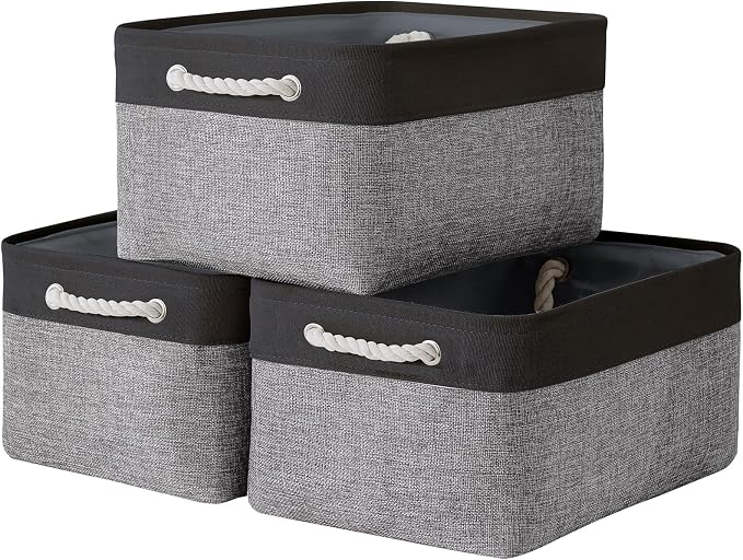 Collapsible Storage Bin for Shelves - 16x12x8 inch Large 3 Pack Storage Basket for Organizing with Rope, Fabric Storage Cubes for Organizer Toy Cloth Gift Closet (Black & Grey)
