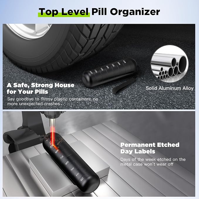 [2 Pack] Zannaki Metal Travel Pill Organizer, Portable Waterproof Weekly Pill Box, Large Aluminum Alloy Pill Case Container, BPA Free 7 Day Daily Medicine Organizer Holder for Vitamin, Supplement