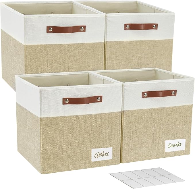 Collapsible Fabric Storage Cube Bins with 2 Reinforced PU Handles, Foldable Storage Organizer Baskets for Closet, Shelves, Living Room | 13"x13"x13", 4 Pack, Beige & White