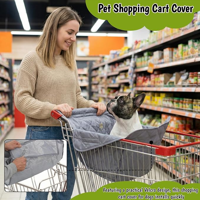 Portable Shopping Cart Cover for Dogs, Secured with Hook and Loop with Safety Ropes, Quilting Grocery Cart Cover, Comfortable and Easy to Clean with Carry Bag (Gray)
