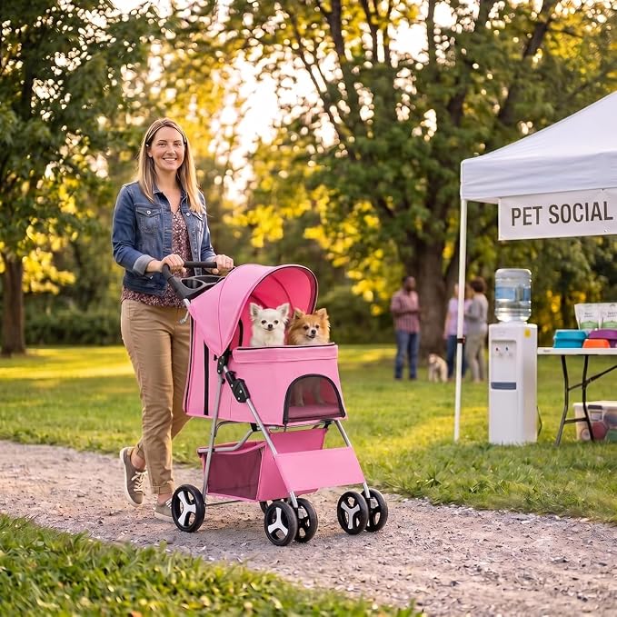 ZENY Foldable Pet Stroller, Cat/Dog Stroller with 4 Wheels | Pet Travel Carrier Strolling Cart with Storage Basket, Cup Holder (Pink)