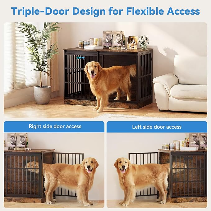 Petrova 47" Dog Crate Furniture with Name Tag, Heavy Duty Dog Kennel Indoor for Large/Medium Dogs, Wooden Dog Cage with Sliding Barn Door, Decorate House as TV Stand, End Table, Rustic Brown