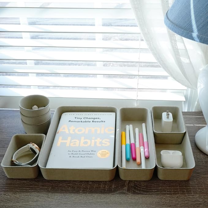 Welaxy 8pc Stone Office Desk Drawer Organizer Tray Felt Shallow Box Divider
