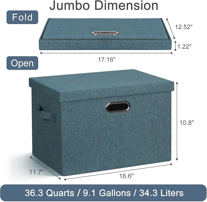 Storage Bins with Lids Fabric Closet Organizers Cubes Office Organization | 36 Quart 3 Pack Blue-Green Collapsible Stackable Linen Fabric 4 Handles Bedroom Closet Cabinet Under Bed Clothes Toy Office