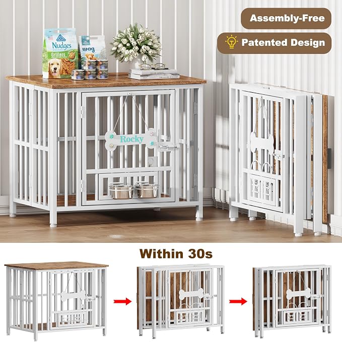 Easycom 31" Dog Crate Furniture Foldable, No Assembly Decorative Dog Kennel Indoor, Dog Crates for Medium Dogs(20-35 lb), Wooden Dog Cage with Adjustable Bowls and Name Tag, End Table, White & Beech