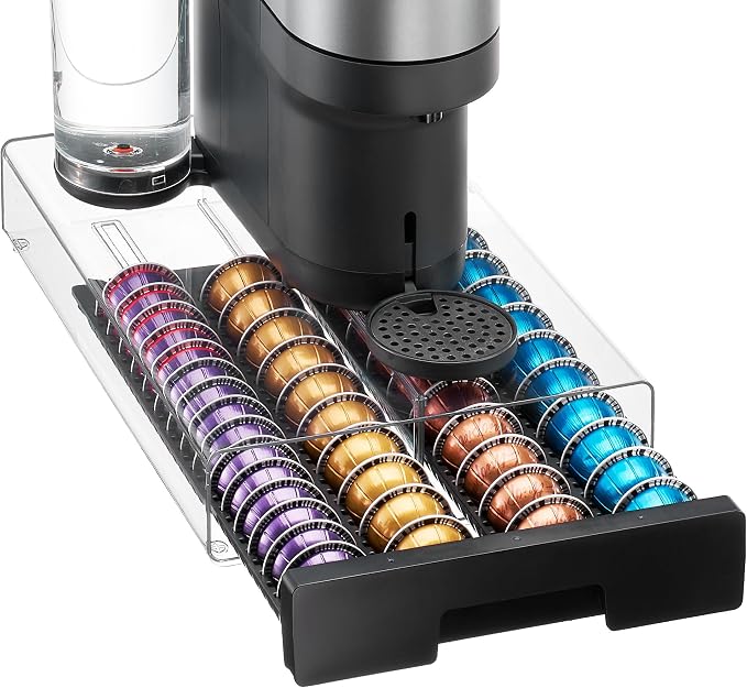 Vtopmart Coffee Pod Drawer Organizer for Nespresso Vertuo Pods | Holds 40 Large or 60 Small Capsules，Clear Acrylic Design, Visible Pod Inventory, Durable & Anti-Slip Drawer