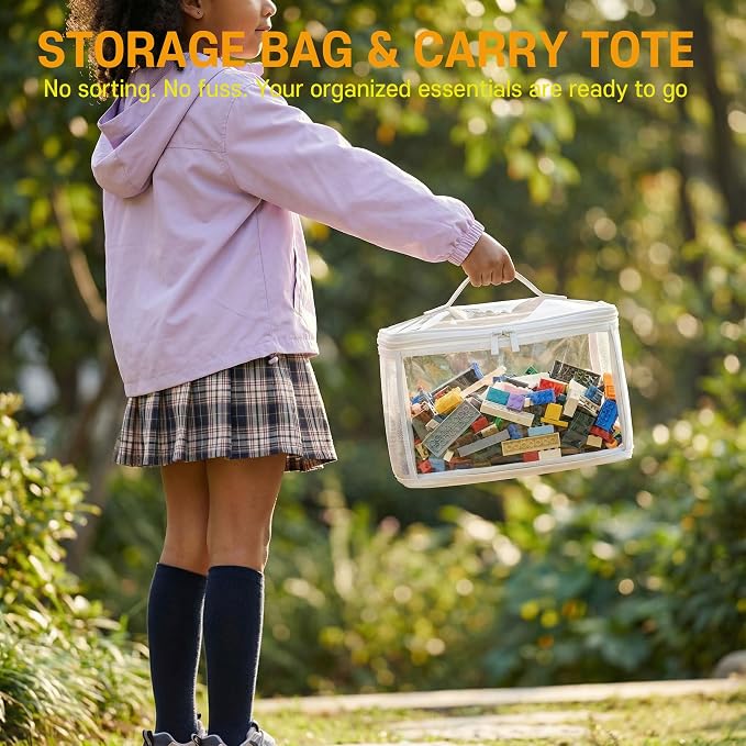 holay 4 Pack Clear Toy Storage Bags with Zipper & Handle, Board Game Bins | Reinforced base stands upright; clear PVC front; holds toys, board games & busy bags; foldable for playroom & travel