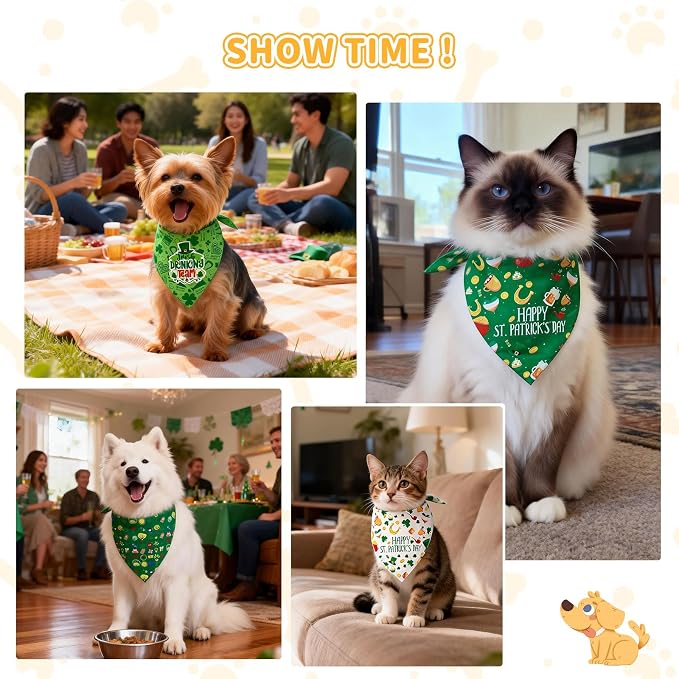 St. Patrick's Day Dog Bandanas, 2 Pack Irish Bandanas Scarf for Small Medium Large Dogs, Adjustable Triangle Bibs Scarves, Pet Scarves for Holiday Costumes Gifts