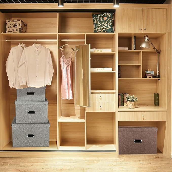 Linen Fabric Collapsible Storage Bins with Removable Lids and Handles, Washable Storage Box Containers Baskets Cube with Cover for Bedroom,Closet,Office,Living Room,Nursery (Green, Small)