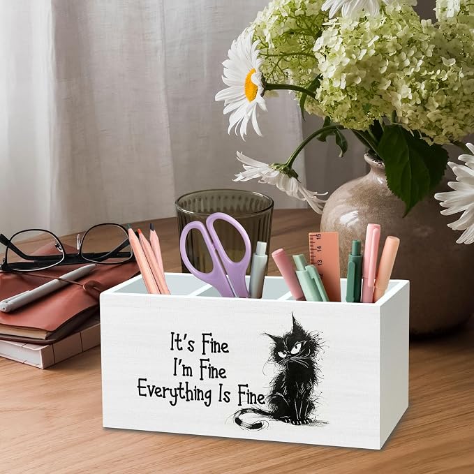 DILSJ Funny Black Cat Pen Pencil Holder Organizer for Desk, Cat Lovers Gifts, Funny Office Decor, It's Fine Everything Is Fine Wooden Box Signs for Office Workplace Desk Tabletop Decoration