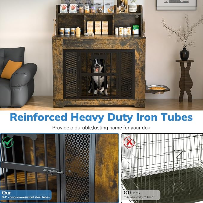 Petrova 33" Dog Crate Furniture with Storage Shelf & 2 Stainless Steel Bowls, Heavy Duty Indoor Dog Kennel for Medium/Small Dogs, Wooden Dog Cage with 4 Hooks, LED Light, Walnut Brown
