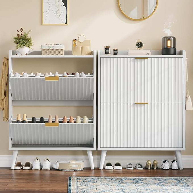 Shoe Storage Cabinet for Entryway with 2 Flip Drawers,Fluted Door | Shoe Organizer Cabinet with Adjustable & Removable Shelves,Narrow Shoe Cabinet for Foyer, Hallway, Living Room, 2 Hooks,White