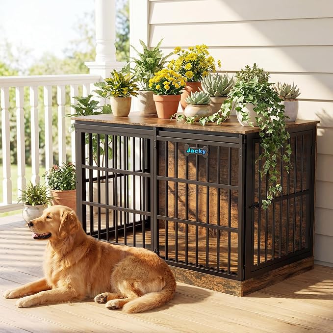 Petrova 47" Dog Crate Furniture with Name Tag, Heavy Duty Dog Kennel Indoor for Large/Medium Dogs, Wooden Dog Cage with Sliding Barn Door, Decorate House as TV Stand, End Table, Rustic Brown