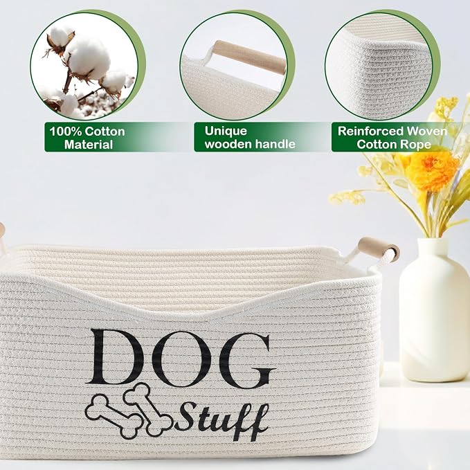 Woven Dog Toy Basket,Dog Stuff Organizer,Collapsible Dog Toy Bin | 100% Cotton Rope Basket with Wood Handles, Dog Organizer for Dog Toys,Collar,Leash,Blankets,Soft and Durable-Beige