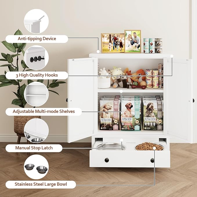 Dog Feeding Station with Storage, Metal Dog Food Storage Cabinet with 2 Elevated Bowls and 3 Hooks, Pet Feeding Station and Dogs Food Storage Organizer
