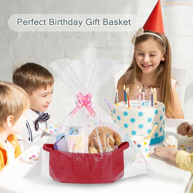 COMSE Empty Small Gift Basket with Bag & Ribbons, Red | Cotton Rope, 12"x 8"x 5", Baby Toy Organizer, Stores Small Items for Bedrooms, Nurseries, Bathrooms, Living Rooms, Offices