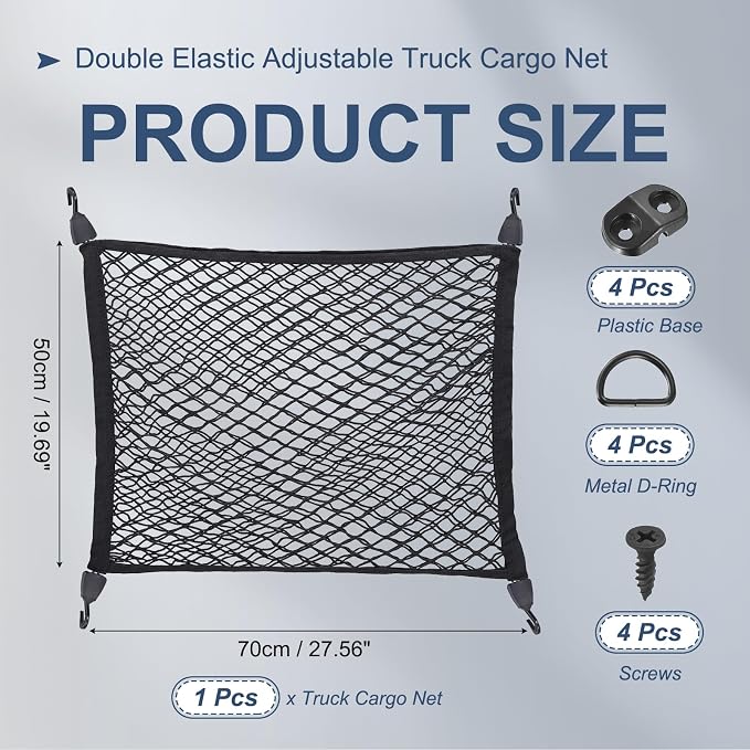 PATIKIL Truck Cargo Net, (27.6 x 19.7 Inch, Black) with Base and D-Ring | Double Elastic Adjustable Trunk Bed Net Stretchable Mesh Storage Organizer Heavy Duty for Pickup Trucks SUV Cars