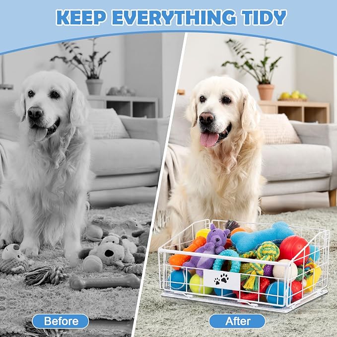 3 Pack Metal Dog Toy Baskets Multi-sized Foldable Dog Toy Bins Box Storage Container Organizer for Living Room Area Decorative Pet Accessories Coat Clothing Storage Holder Baskets(White)