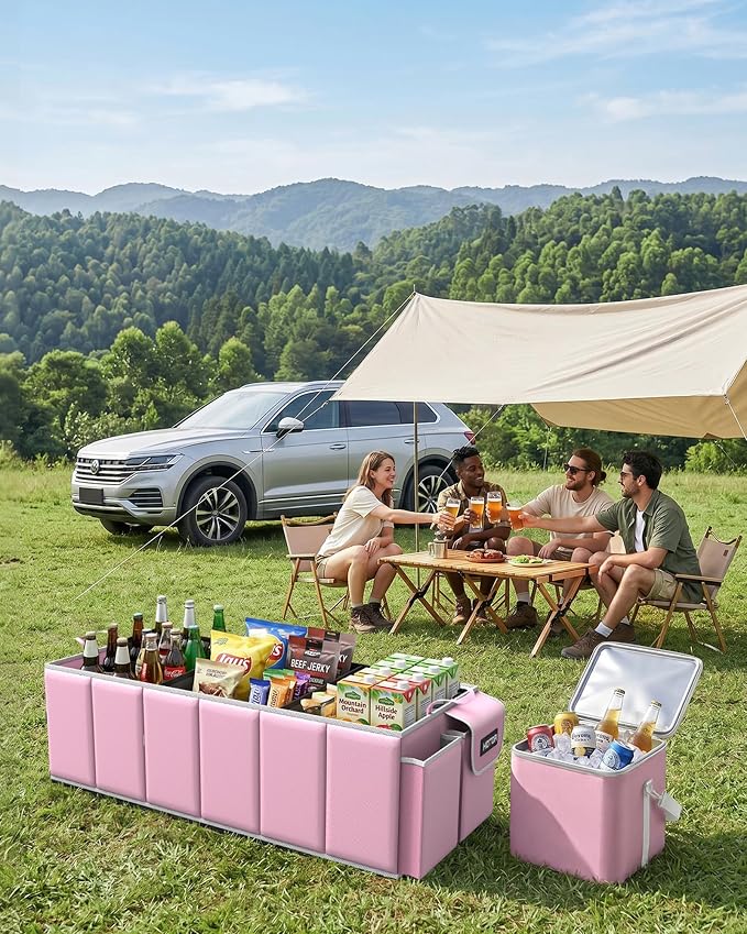 HOTOR Trunk Organizer, Sturdy Foldable with Cooler for Car, Sudan & SUV | Car Organizers and Storage, Detachable Cooler Bag, for Tools, Camping, 3 Compartments, Pink, 31.5” x 12.6” x 10.6”