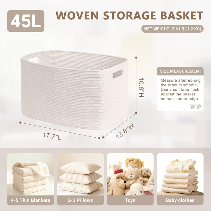 45L Small Woven Laundry Basket Hamper with Handles, White | collapsible wicker hamper, storage for dirty clothes, toys, blankets, gifts, living room, bedroom, bathroom, 18"x14"x11"