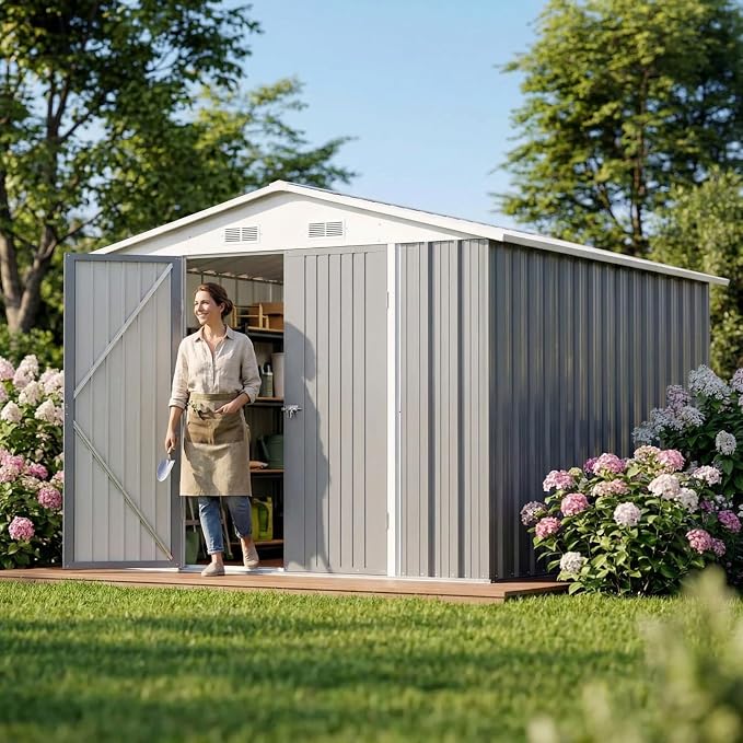 Devoko 8x12 FT Outdoor Storage Shed, Metal Tool Shed with Lockable Door&Slooping Roof, Outside Large Utility Storage for Garden Backyard Patio(Gray)