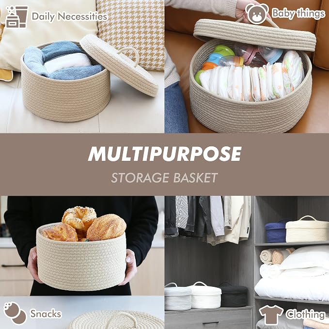 Sea Team Round Storage Basket, Woven Cotton Rope Basket with Lid, Khaki | Decorative Knitted Storage Bin, Multi-Purpose Lidded Organizer for Closet Shelves, Nursery and Household Storage