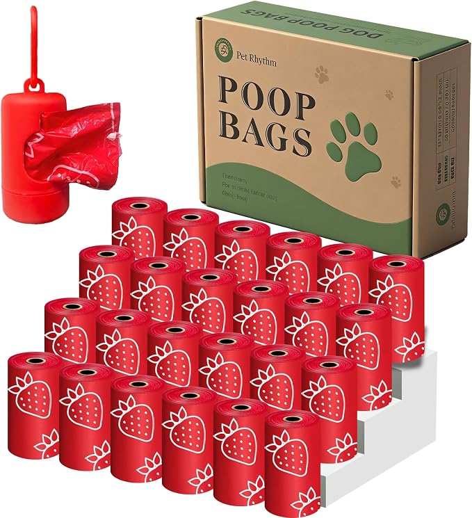 Strawberry Scented Dog Poop Bags- 24 Rolls 360 counts Leak Proof | Extra Large 13x9 Inch Red Dog poop bags rolls with Dispensers, Fragrance Bags for Dogs Walking and Cat Litter