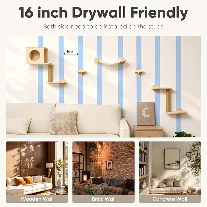 FUKUMARU Cat Wall Shelves, 5 in 1 Set, Beige | Stable Wooden Wall-Mounted Furniture Set, Kitty Climber with Hammock, House, Steps, Scratching Post