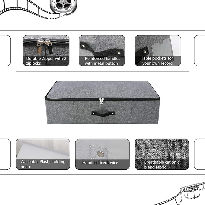 Under Bed Storage Bins with Lids, Closet Organizers, Foldable Under-bed Storage Baskets for Sheets, Clothes, Quilts, Sweaters, Wrapping Paper, 29x15x7inch, Black Gray, 2PCS