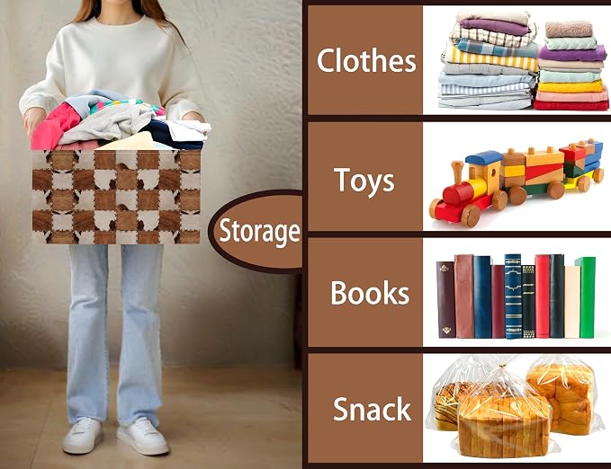 Checkered Kids Toy Basket Collapse Storage Bin with Handles Canvas Cow Fur Print Home Decor(Brown White)