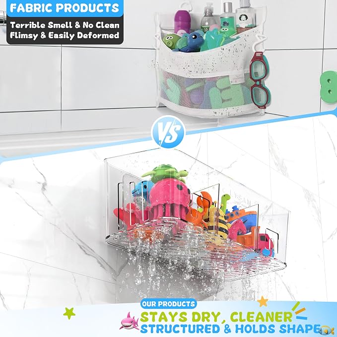 Bath Toy Storage 2 Packs, Large Bath Toy Holder - 3 Compartments, Quick-Dry | BPA-Free Bathtub Toy Organizer, Wall-Mounted Adhesive Shower Caddy, Bathroom Toy Basket & Bin for Baby, Toddler, Kids, Clear