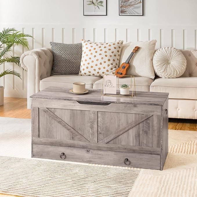 HOOBRO Storage Chest, 39.3" Toy Chest with Drawer, Wooden Storage Bench, Sturdy Entryway Bench Supports 220 lb, Safety Hinge, U-Shaped Opening, Easy Assembly, Greige BG710CW01G2